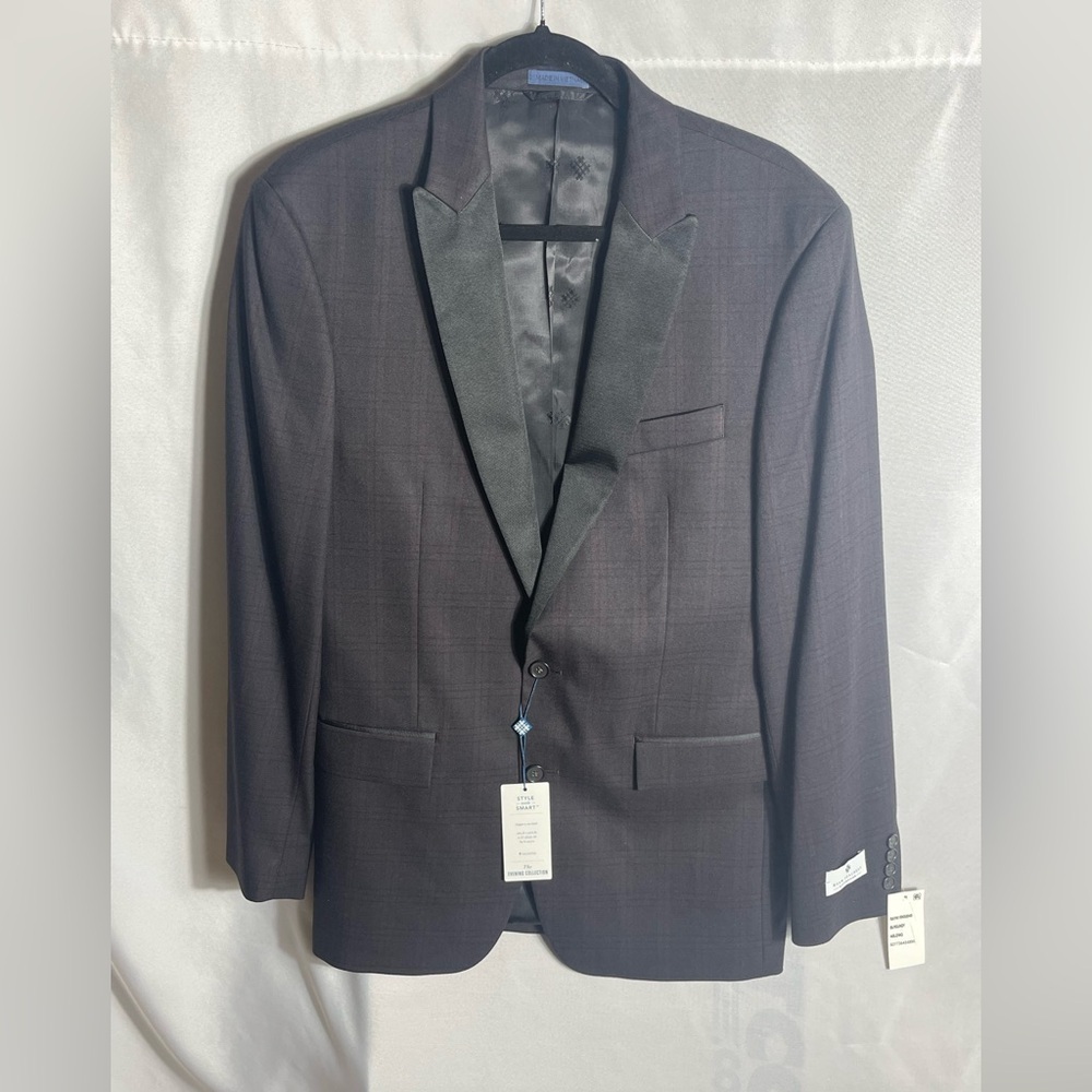 Ryan Seacrest Distinction Burgundy Plaid Evening Blazer 40L Satin Shawl Collar